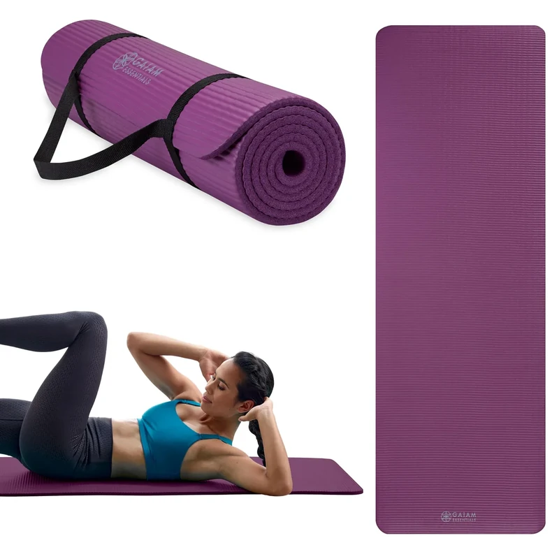 Gaiam Essentials Thick Yoga Mat Fitness & Exercise Mat with Easy-Cinch Carrier Strap, Purple, 72"L X 24"W X 2/5 Inch Thick, 10mm