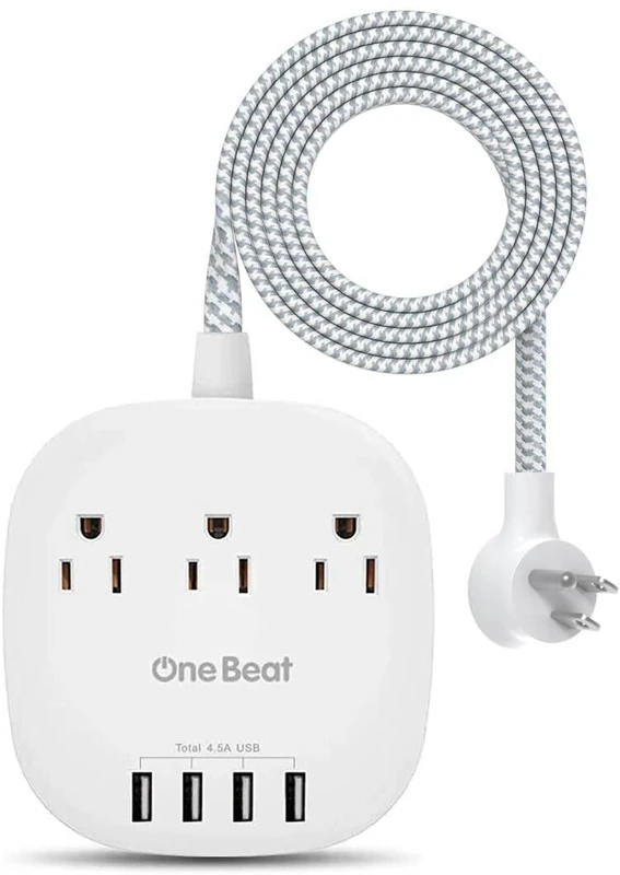 One Beat Power Strip - 3 AC Outlets, 4 USB 4.5A, Braided 5ft Cord