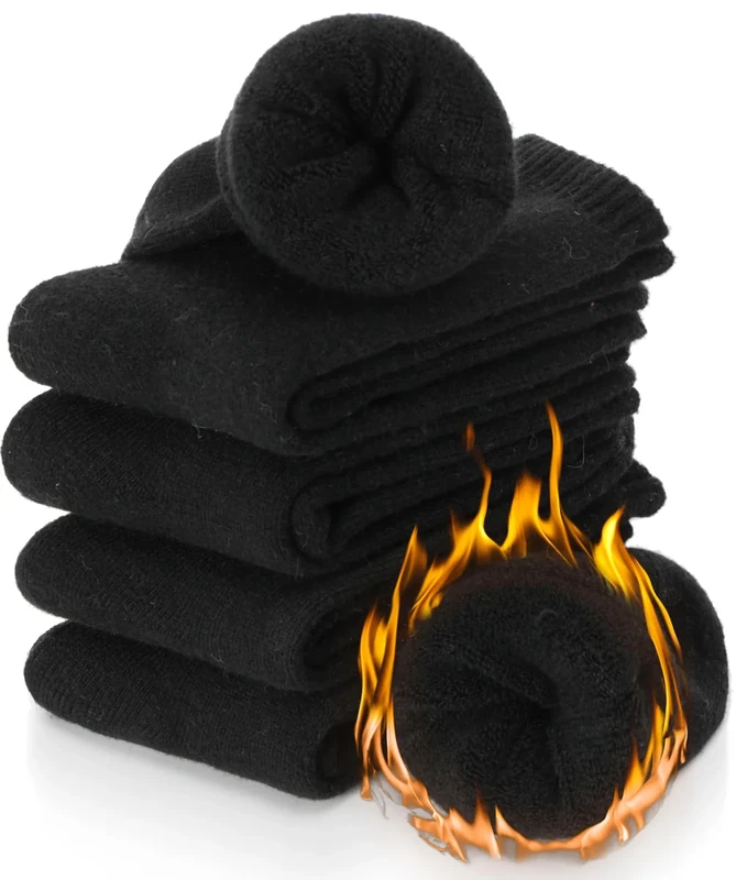 ProEtrade Merino Wool Socks Thermal Warm Winter Thick Hiking Boot Cabin Crew Cozy for Women Ladies Gift Stocking Stuffer Work Comfy Socks 5 Pack (Black Color) One Size