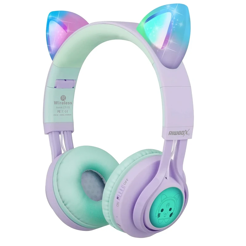 Riwbox CT-7S Cat Ear Bluetooth Headphones - LED Light, 85dB Limit