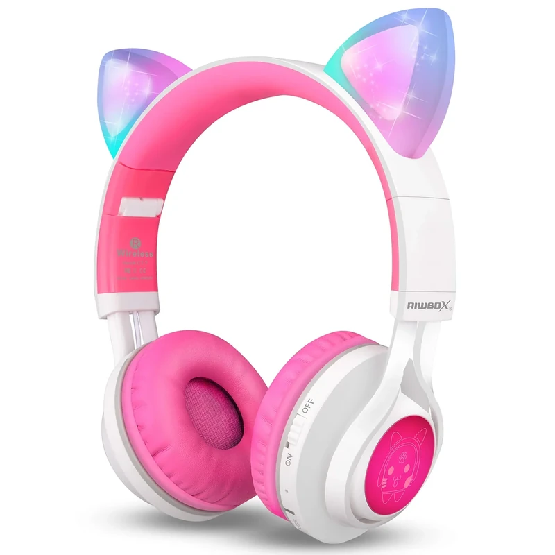 Riwbox CT-7 Cat Ear Bluetooth Headphones - Light Up - Pink/White