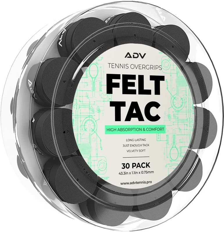 ADV Dry Tennis Overgrip Tape - 3, 12, 30, 60 Pack - FeltTac Tennis Racket Grip Tape - Ultra Absorbent Tennis Grip Tape - Comfort Tennis Racket Grips - Tennis Grips Overgrip (30-Pack Black)