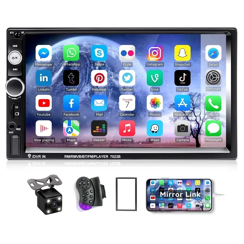 CAMECHO 7" Double Din Car Stereo Audio Bluetooth MP5 Player USB FM Multimedia Radio+ 4 LED Mini Backup Camera with Steering Wheel Remote Support Mobile Phone Synchronization (Used in Android/iOS)