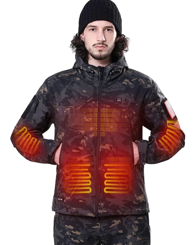 DEWBU Heated Jacket for Men with 12V Battery Pack Winter Outdoor Soft Shell Electric Heating Coat, Men's Black Camo, 2XL