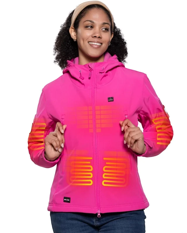 DEWBU Heated Jacket for Women with 12V Battery Pack Winter Outdoor Soft Shell Electric Heating Coat, Women's Rose Red, L