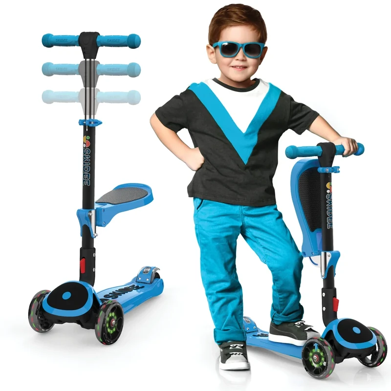 SKIDEE Kick Scooter for Kids 3-5 Foldable 3 Wheel Scooter with Lean-to-Steer, Adjustable Height, Removable Seat & LED Light Wheels Toddler Scooter for 3 to 12 Year Old Boys/Girls
