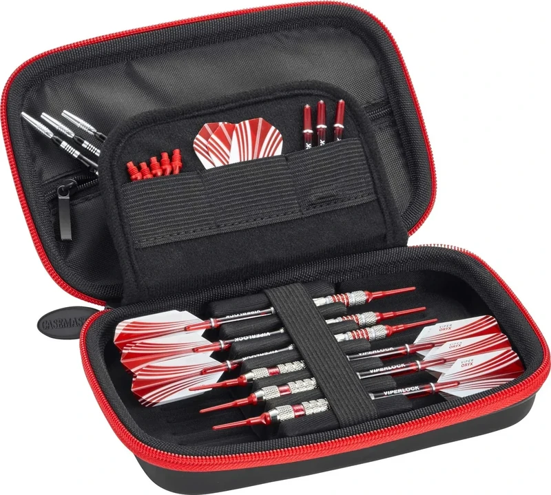 Casemaster Sentinel 6 Dart Case, Holds Extra Accessories, Tips, Shafts and Flights, Compatible with Steel and Soft Tip Darts, Impact & Water Resistant Tactech Shell, Red Zipper