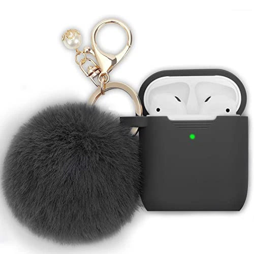Filoto Compatible with Airpod 2&1 Case Cover, Cute Silicone Protective Accessories Cases/Keychain/Pompom, Best Gift for Girls and Women, Space Gray