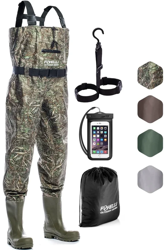 Foxelli Chest Waders – Waterproof 2-ply Nylon/PVC Camo Hunting Fishing Waders for Men and Women with Boots