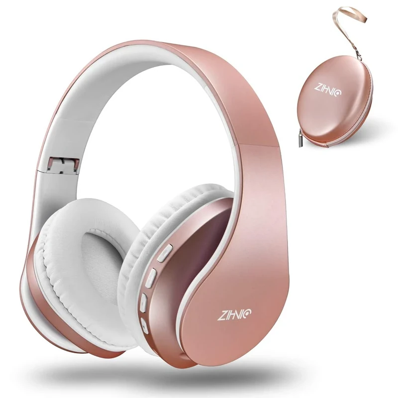ZIHNIC Bluetooth Over-Ear Headphones - RoseGold, Foldable FM, Micro SD