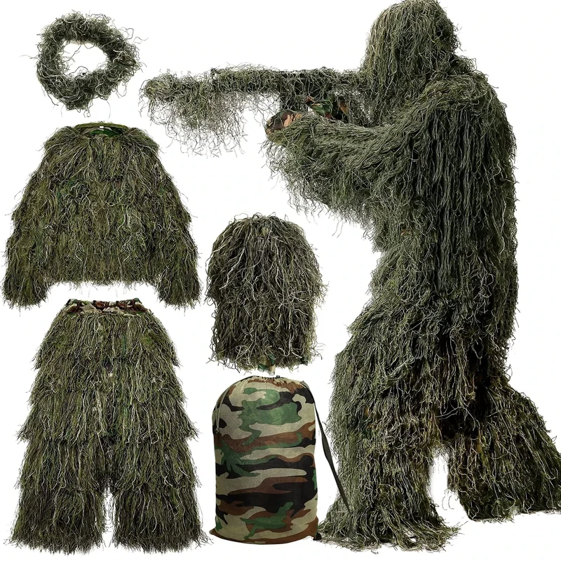 MOPHOTO 5 in 1 Ghillie Suit 3D Camouflage Hunting Suits - Jacket, Pants, Hood, Carry Bag for Adults & Youth, M/L/XL/XXL