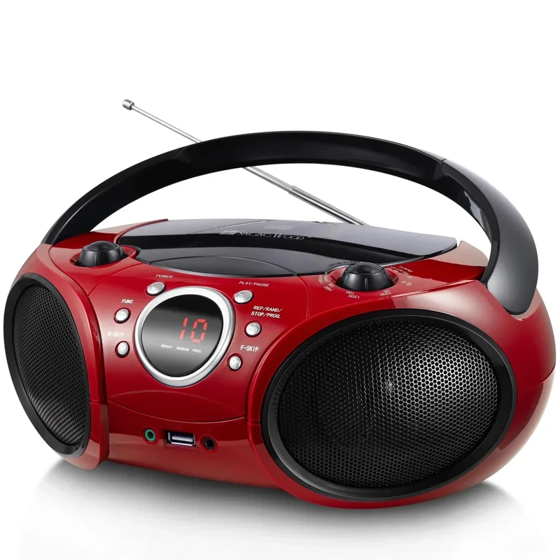 Singingwood 030BT(2025 Version) CD Player Boombox with AM FM Radio, Bluetooth, USB Port CD-R/RW, MP3 CDs Compatible, 3.5mm Aux Input, Headphone Jack and LED Display for CD(Firmist Red)