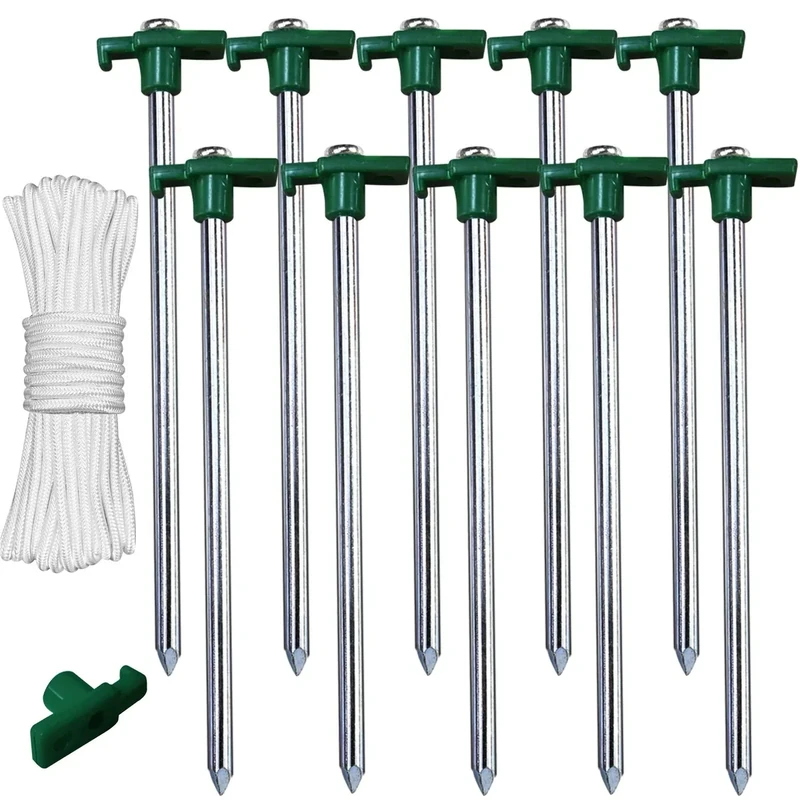 ABCCANOPY 11 Inch Tent Stakes 10 Pcs Non-Rust Metal Ground Anchors, Heavy Duty Spikes with 4 Ropes for Outdoor Camping, Green