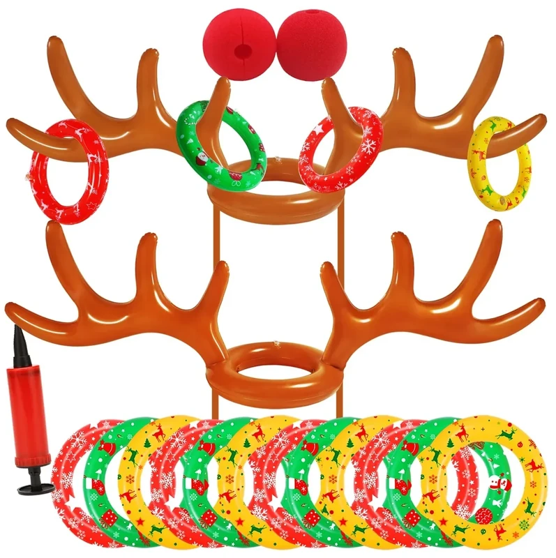 Christmas Games Gifts for Kids Teen Adults, Inflatable Reindeer Antler Ring Toss Game, Office Party Favors Supplies, Indoor Outdoor Carnival Holiday Family Party Toys