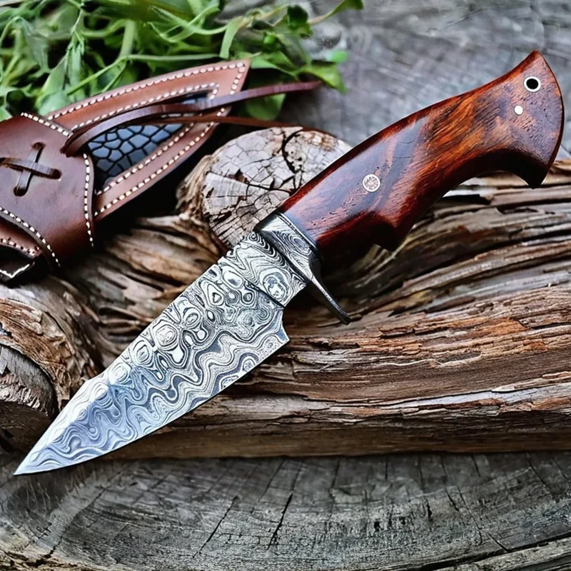 BIGCAT ROAR Predator Hunter - Patented Handmade Damascus Steel Fixed Blade Hunting Knife 10" - Walnut Wood Handle & Leather Sheath - Bushcraft Outdoor Skinning & Survival Knife - Collector Men Gifts