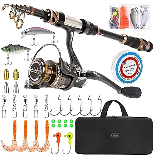 PLUSINNO Fishing Rod and Reel Combos - Carbon Fiber Telescopic Fishing Pole - Spinning Reel 12 +1 Shielded Bearings Stainless Steel BB (Full Kit with Carrier Bag, 1.8M 5.91FT)