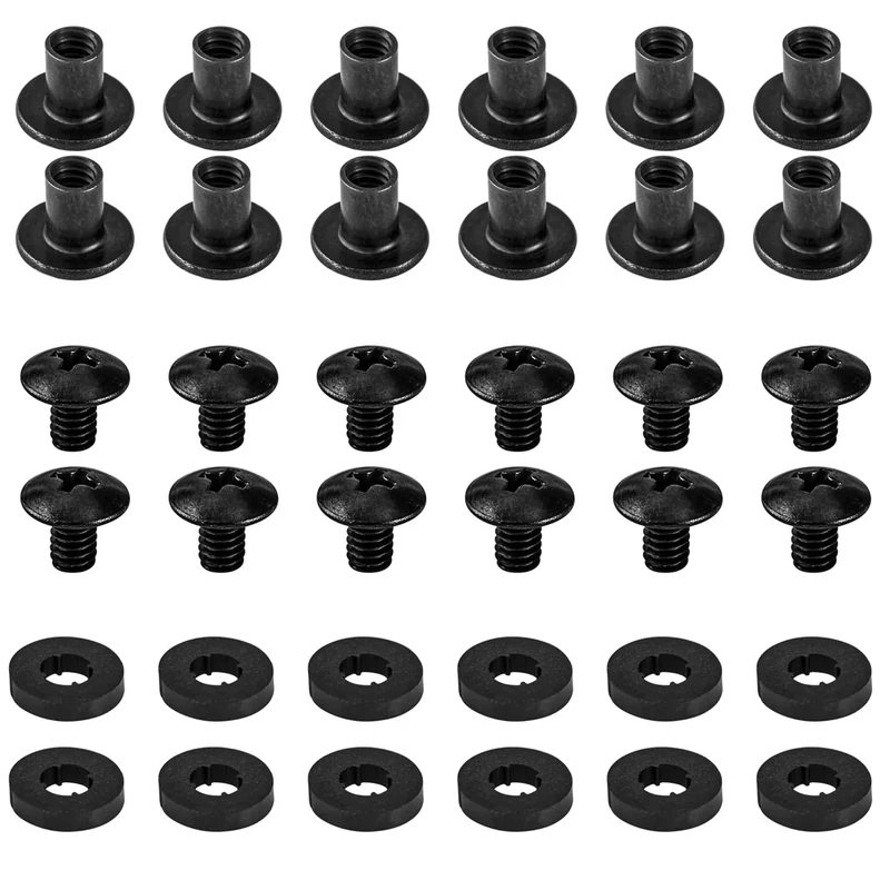 Black Chicago Screws, 12 Sets - for DIY Kydex and Leather Gun Holsters/Clips and Knife Sheaths, 1/4 Inch, Includes Phillips Truss Heads + Open Slotted Fasteners + Rubber Washers/Spacers