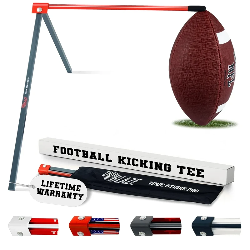 True Strike Pro Football Kicking Tee - Ultimate Football Tee Compatible with All Ball Sizes, Bonus Goal Kicking Tracker, Field Goal Football Holder (Grey & Orange)