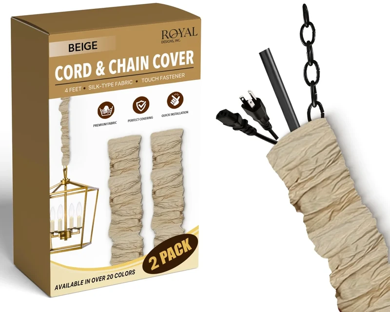 RDI Cord & Chain Cover 4 feet Silk Type Fabric, Chandelier Pendant Lighting Chain & Cable Management, Touch Fastener, Beige - 2 Pack