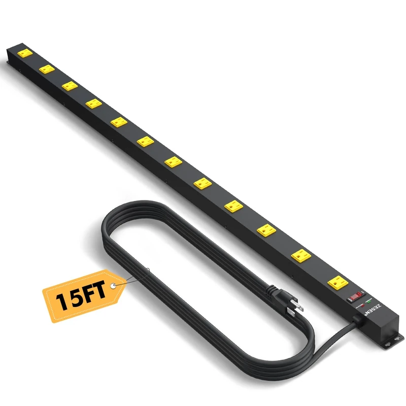 12 Outlet Industrial Power Strip with 15Ft Cord, 1875W Heavy Duty Metal Power Strip with Wide-Spaced Outlets & Overload Protection, ETL Listed for Garage, Workshop, Office, Home