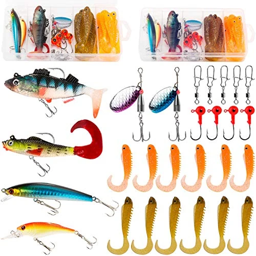 PLUSINNO Fishing Lures Baits Tackle Including Crankbaits, Spinnerbaits, Plastic Worms, Jigs, Topwater Lures, Tackle Box and More Fishing Gear Lures Kit Set, 102/302Pcs Fishing Lure Tackle
