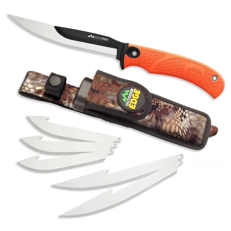 OUTDOOR EDGE RazorMax - Replaceable Fixed Blade Hunting Knife with 3.5" Drop-Point, 5" Boning/Fillet Blades, Belt Sheath and Detachable Blade Carrier (Orange, 6 Blades)