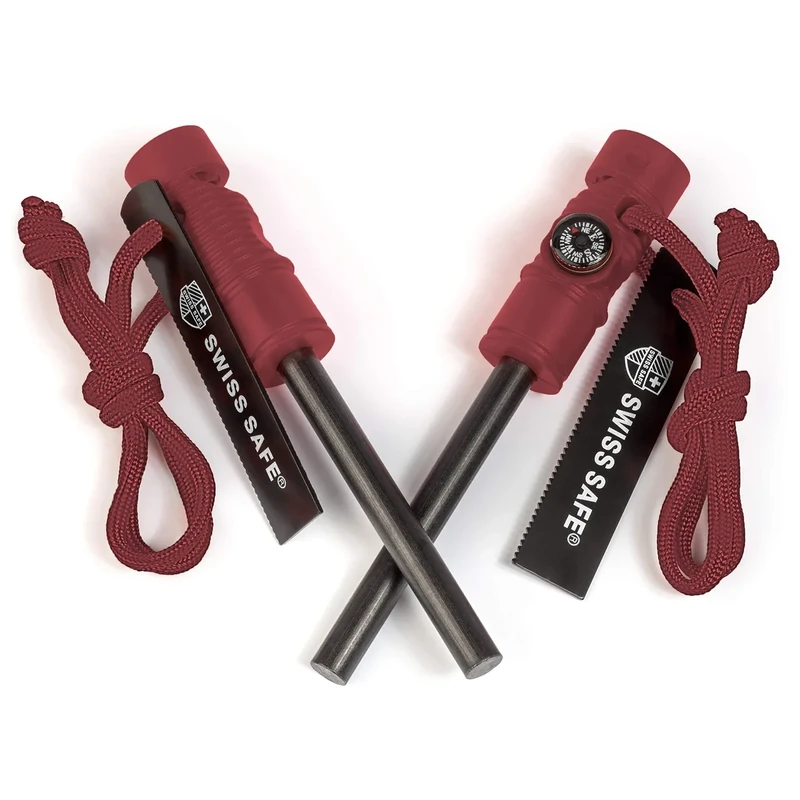 Swiss Safe 5-in-1 Magnesium Ferro Rod Fire Starter Survival Tool - Flint & Steel Striker, Compass, Paracord & Whistle - Emergency Kit for Backpacking, Camping, Hiking - All-Weather - Red, 2-Pack