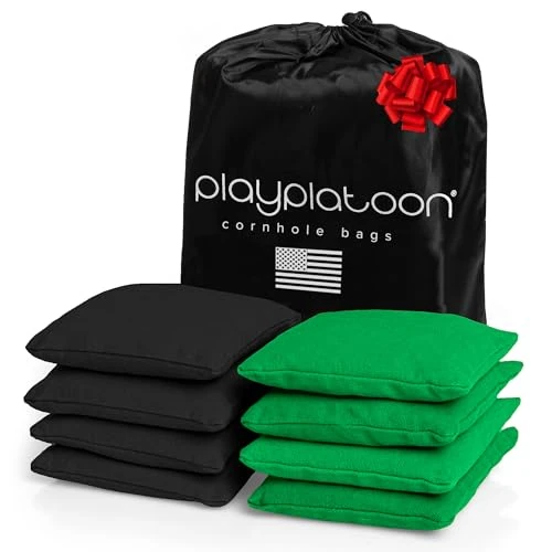 Play Platoon Weather Resistant Cornhole Bags - Set of 8 Regulation Size - Green & Black - Durable Duck Cloth for Tossing Game, Includes Tote Bag