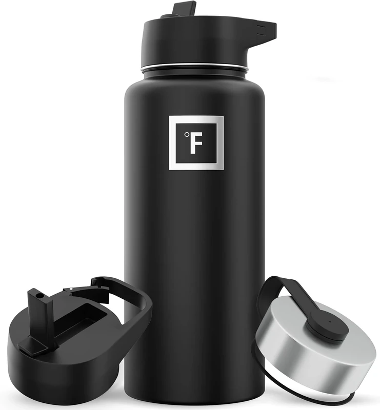 IRON °FLASK Camping & Hiking Hydration Flask with Straw, Wide Mouth Insulated Stainless Steel Sports Water Bottle - 32 oz Midnight Black