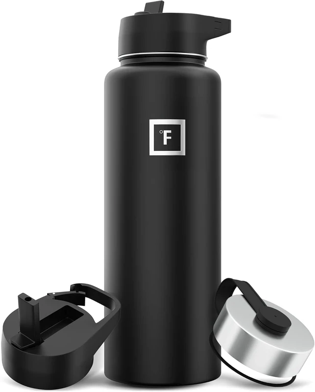 IRON °FLASK Camping & Hiking Hydration Flask with Straw, Wide Mouth Insulated Stainless Steel Sports Water Bottle - 40 oz Midnight Black