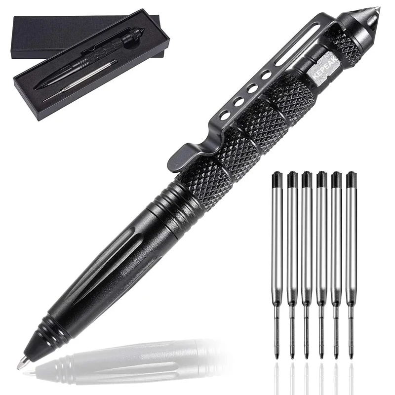 KEPEAK Military Tactical Pen, Professional Self Defense Pen, Emergency Glass Breaker Pen - Tungsten Steel, Writing EDC Survival Tool with 6 Refill