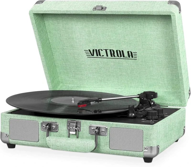 Victrola Journey Bluetooth Portable Suitcase Record Player – with Built-in Speakers, 3 Speed Vinyl Record Player, RCA Out, Headphone Jack (Light Mint Green Linen)