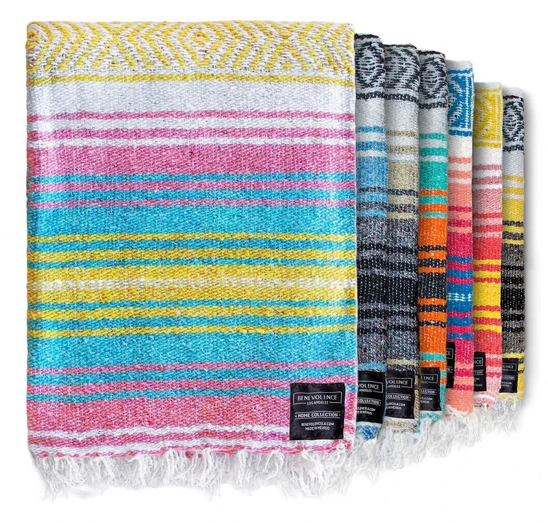 Benevolence LA Authentic Handwoven Mexican Blanket | Yoga Blankets, Outdoor, Picnic, Beach, Camping | Equestrian Saddle | Serape 50x70 inches - Sunrise, Pack of 1 - Image 1