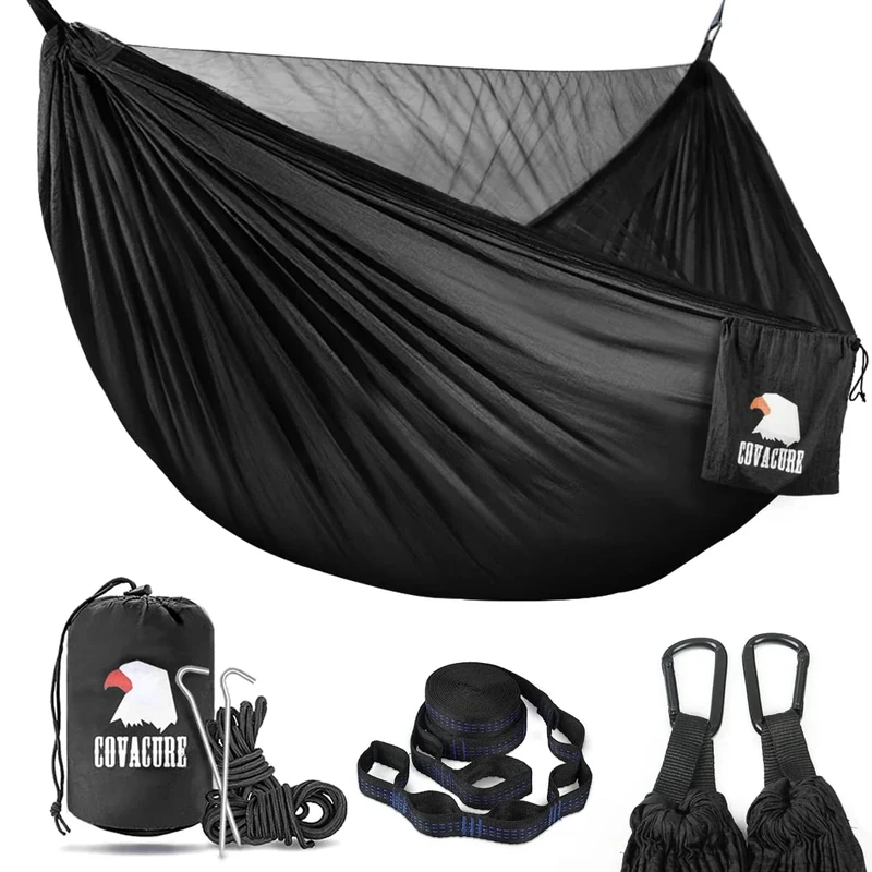 Covacure Camping Hammock - 772lbs Capacity Double Hammock with Tree Straps, Lightweight Parachute Nylon Outdoor Survival Gear for Hiking, Backpacking, Travel or Backyard (Black)