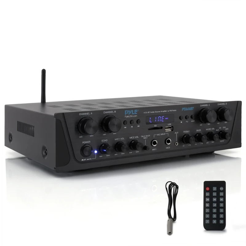 Pyle 500W 4-Channel Karaoke Bluetooth Amplifier / Home Stereo Receiver for Wireless Music Streaming - with AUX - FM - RCA - Sub Out - USB - A / SD MP3 Player - Mic Input with Echo, Vol, Talk-Over