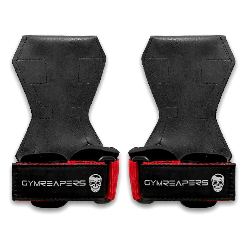 Gymreapers Weight Lifting Grips (Pair) for Heavy Powerlifting, Deadlifts, Rows, Pull Ups, with Neoprene Padded Wrist Wraps Support and Strong Rubber Gloves or Straps for Bodybuilding (Red, Medium)