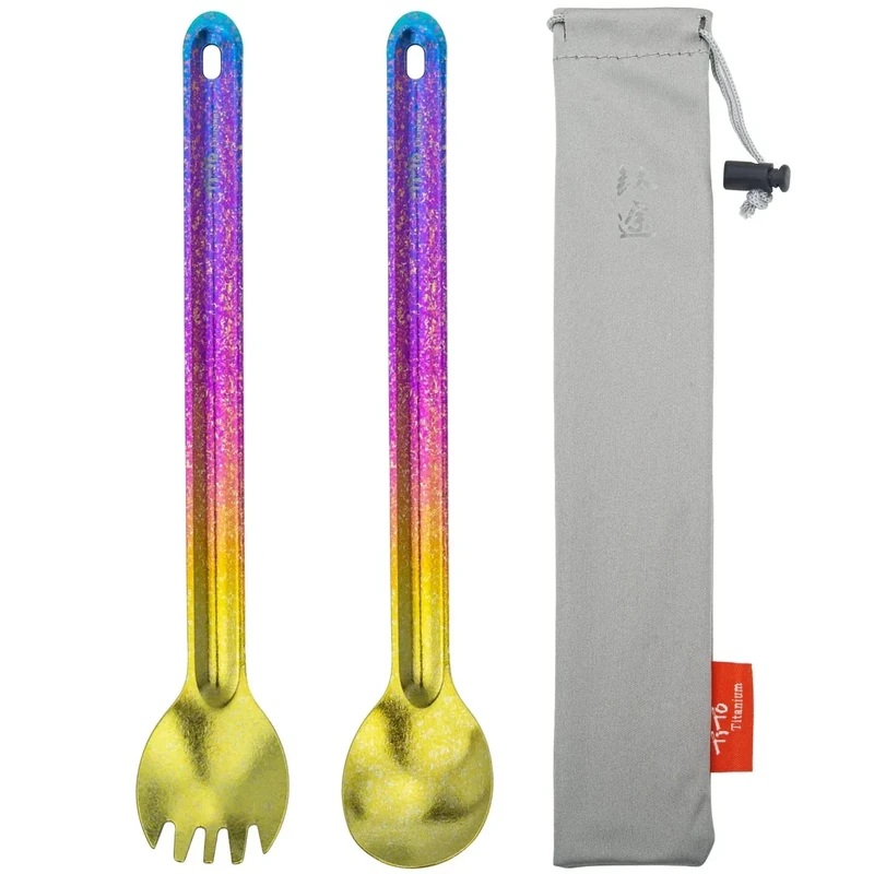 TiTo Titanium Long Handle Spork and Spoon Eco-Friendly Ultralight Portabale Flatware for Outdoor Camping Backpacking Hiking Travel Picnic Tableware with Bag(2pcs Colorful)