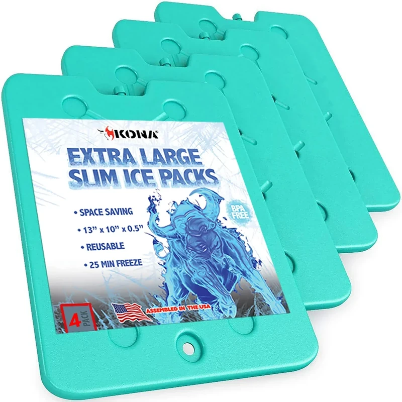 Kona XXL Ice Packs for Coolers – 2 lb Reusable Slim Freezer Pack, Long-Lasting Dry Ice Alternative for Cooler Bags, 13x10 Inch, Fast Freeze (-5°C), 4 Pack