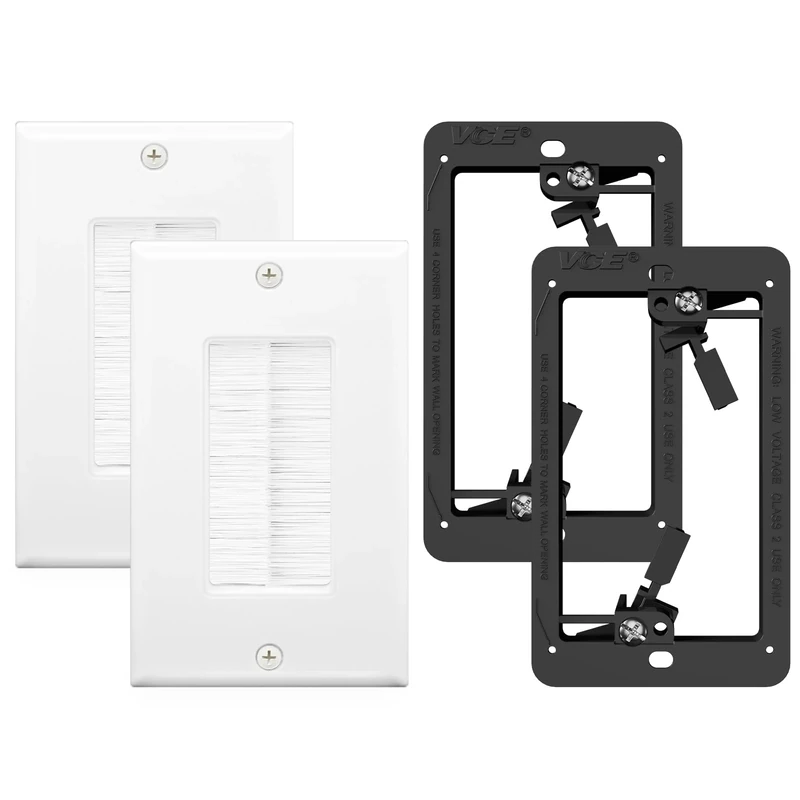 VCE Brush Wall Plate Cable Pass Through with Bracket - White 2-Pack