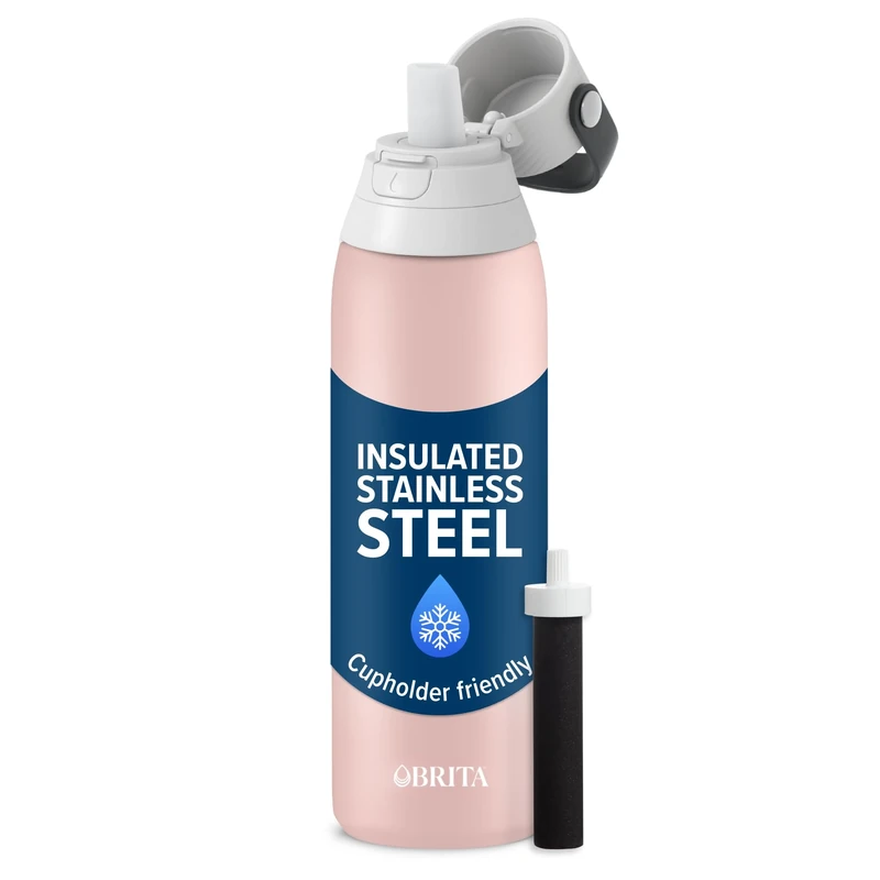 Brita Stainless Steel Premium Filtering Water Bottle, BPA-Free, Reusable, Insulated, Replaces 300 Plastic Water Bottles, Filter Lasts 2 Months or 40 Gallons, Includes 1 Filter, Rose - 20 oz