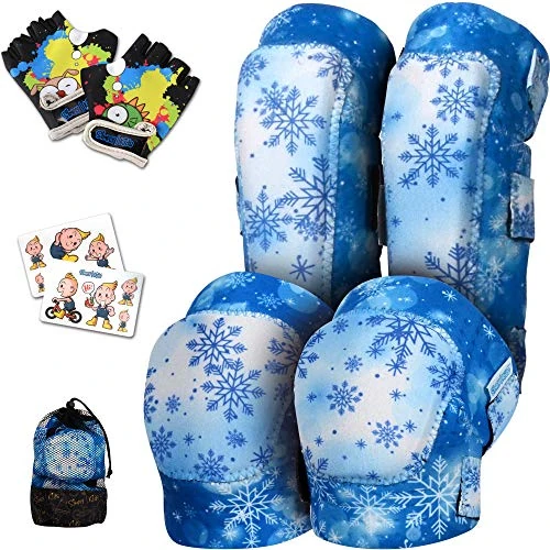 Soft-Style Kids Knee and Elbow Pads with Bike Gloves, Flexible Impact-Resistant Gear for Ages 2-11, Designed for Balance Bikes, Roller-Skating, and Skateboarding (Blue Snowflake, Small)