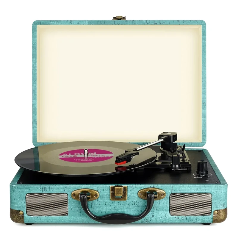 Vinyl Record Player 3-Speed Bluetooth Suitcase Portable Belt-Driven, Supports Bluetooth, RCA Output, 3.5mm aux-in and Headphone Jack and MP3, Mobile Phones Music Playback