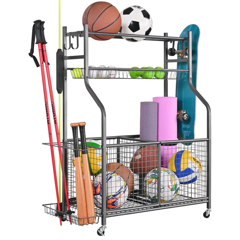 Mythinglogic Sports Equipment Garage Organizer,Garage Ball Storage for Sports Gear and Toys, Rolling Ball Cart with Wheels for Indoor/Outdoor Use