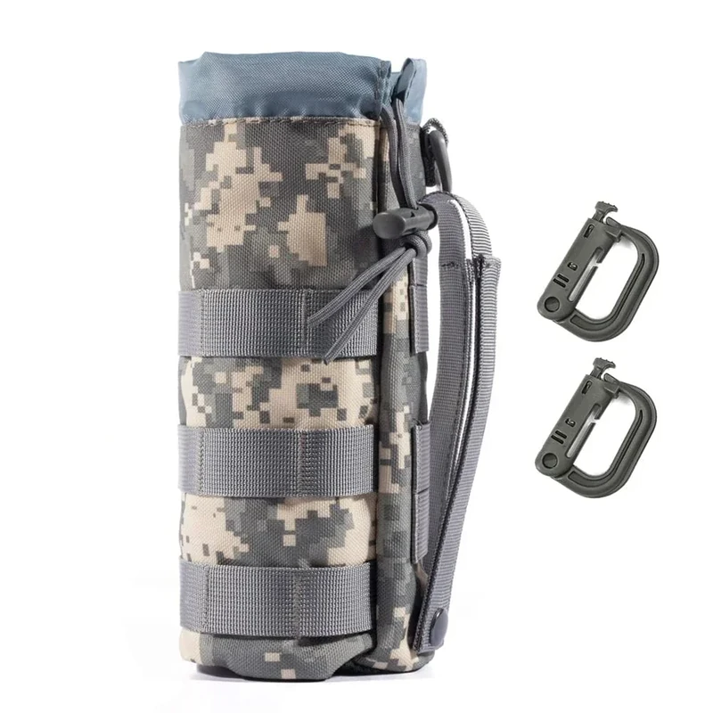 Upgraded Sports Water Bottles Pouch Bag, Tactical Drawstring Molle Holder, Travel Mesh Hydration Carrier (ACU Camo-1Pack)