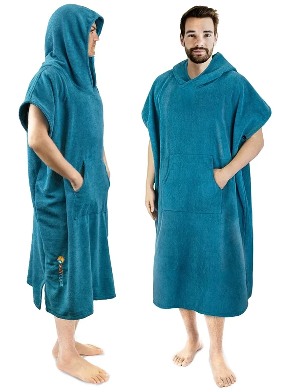 SUN CUBE Surf Poncho Changing Robe with Hood, Thick Quick Dry Microfiber Wetsuit Changing Towel for Surfing Beach Swim Outdoor Sports Men, Absorbent Wearable Towel Cover Up, Turquoise Sea Blue