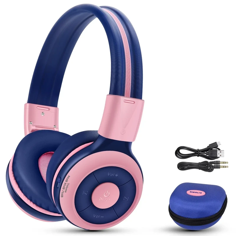 SIMOLIO Wireless Headphones Girls, Bluetooth Foldable Childrens Headphones with Mic and Volume Limited, Over-Ear Stereo Headset for Fire Tablet iPad School Travel Airplane Cellphones, Wired Mode Pink