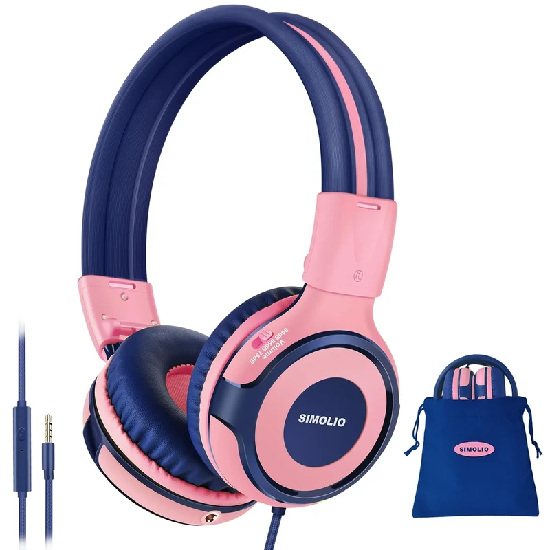 SIMOLIO Kids Headphones with Cord, 75dB/85dB/94dB Volume Limited Wired Headphones with Mic for Kids/Girls/Boys/Children/Teens/Smartphones/School/Airplane Travel/Tablet (Pink)