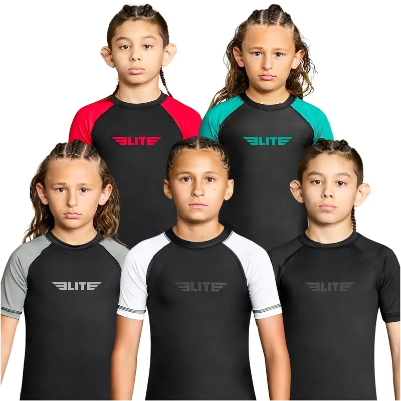 Elite Sports Kids Jiu Jitsu BJJ Rash Guard, Short Half Sleeve Compression Shirt for Youth Boys Girls Sports Nogi Training Black