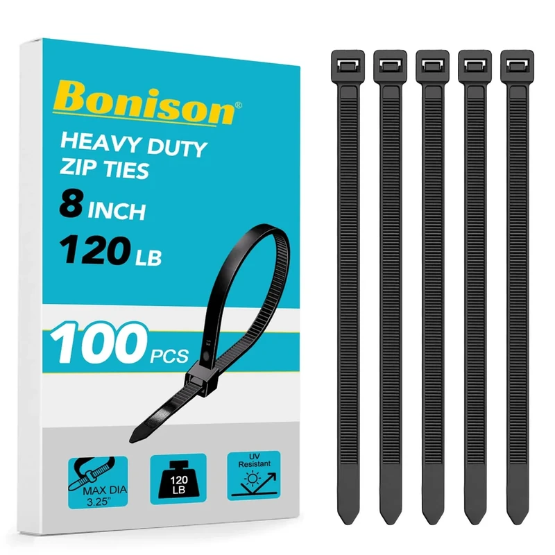 Zip Ties 8 inch Heavy Duty Zip Ties with 120 Pounds Tensile Strength, Black Cable Ties for Multi-Purpose Use, Self-Locking UV Resistant Nylon, 100 Pcs