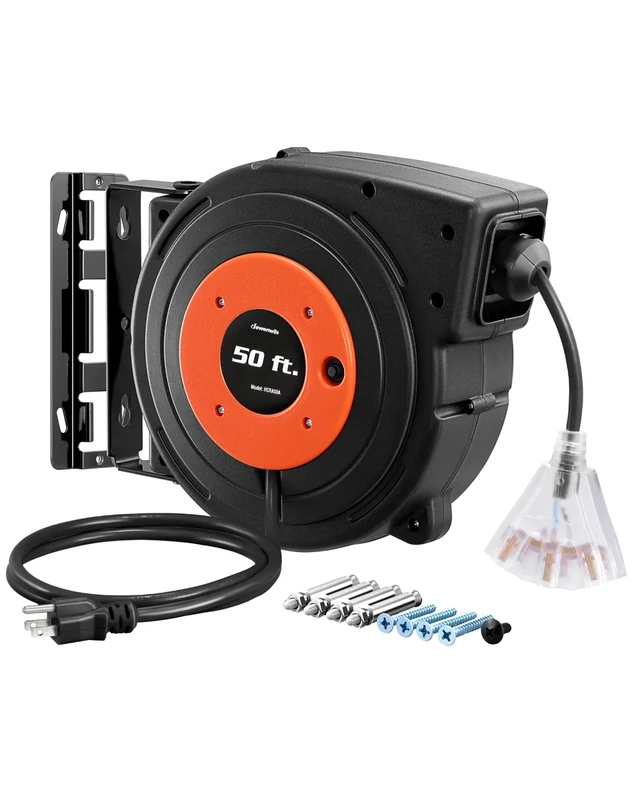 DEWENWILS 50ft Extension Cord Reel - 14AWG Triple Outlet with Light